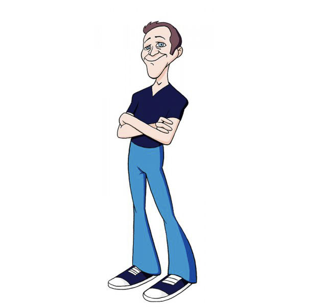 Cartoonist self-portrait in unique cartoon style, arms crossed, wearing a black shirt and blue jeans.