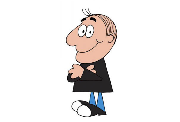 Cartoonist in a unique style, with a large nose and playful expression, wearing black and blue, demonstrates versatility in cartoon art.