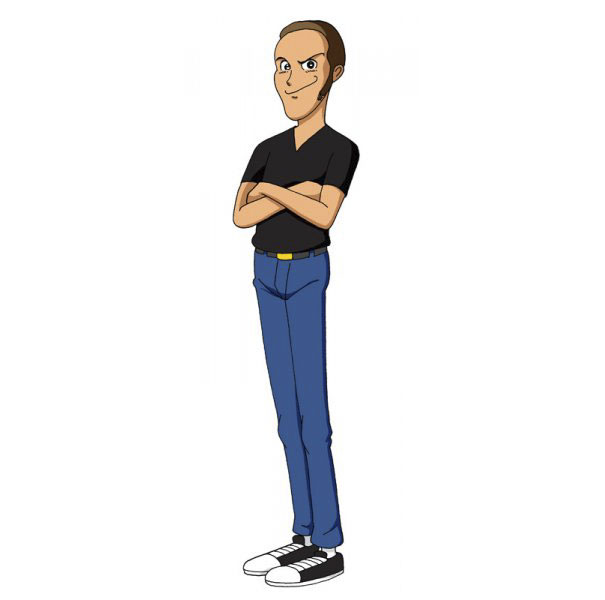 Cartoonist self-portrait in a unique cartoon style, arms crossed, wearing a black shirt and blue jeans.