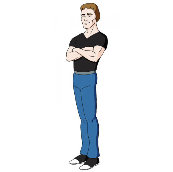 Cartoonist self-portrait in unique cartoon style, featuring crossed arms, black shirt, and blue pants.