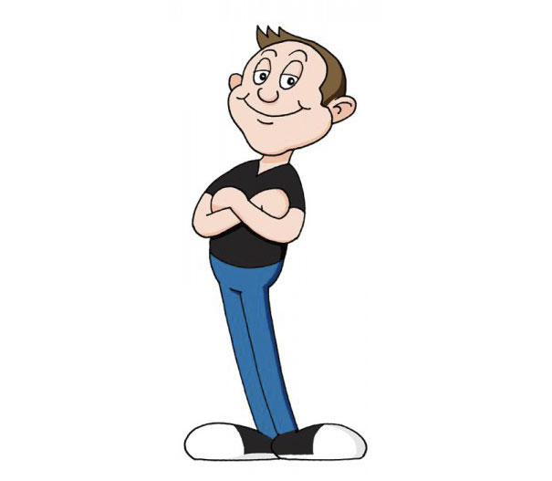 Cartoonist self-portrait in unique cartoon style, featuring a smiling character with arms crossed, blue pants, and a black shirt.