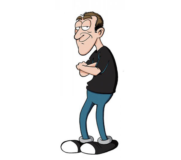 Cartoonist self-portrait in unique style, arms crossed, wearing black shirt and jeans.