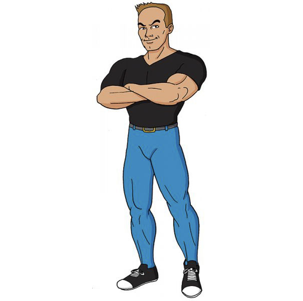Cartoonist self-portrait in muscular style, wearing a black shirt and blue pants, showcasing cartoon styles diversity.
