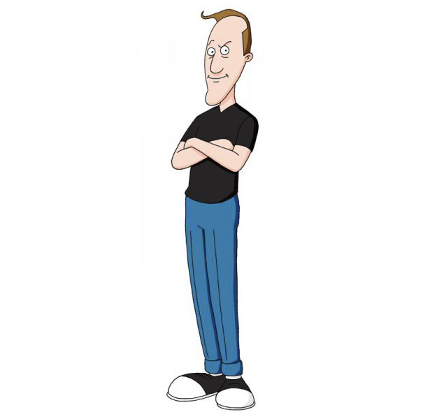 Cartoonist depicted in unique style, black shirt and blue pants, highlighting creativity in cartoon art.