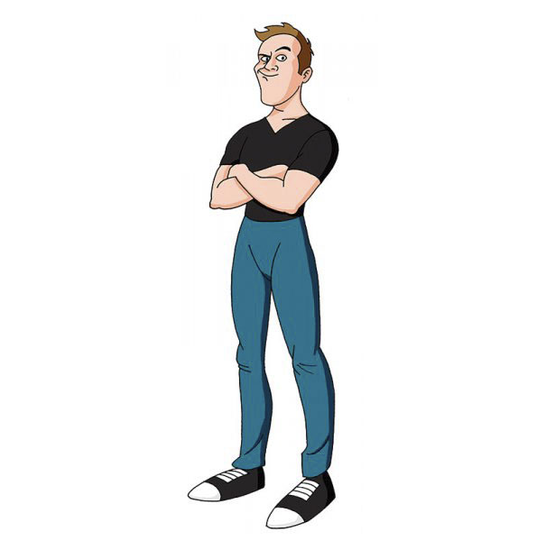 Cartoonist self-portrait in a unique cartoon style with folded arms, wearing a black shirt and blue pants.