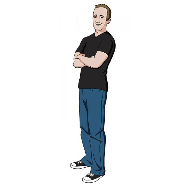 Cartoonist self-portrait in unique cartoon style, wearing a black shirt and blue jeans, arms crossed confidently.