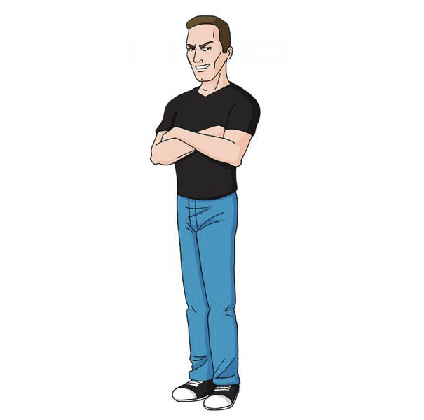 Cartoonist self-portrait in a unique cartoon style, arms crossed, wearing a black shirt and blue jeans.