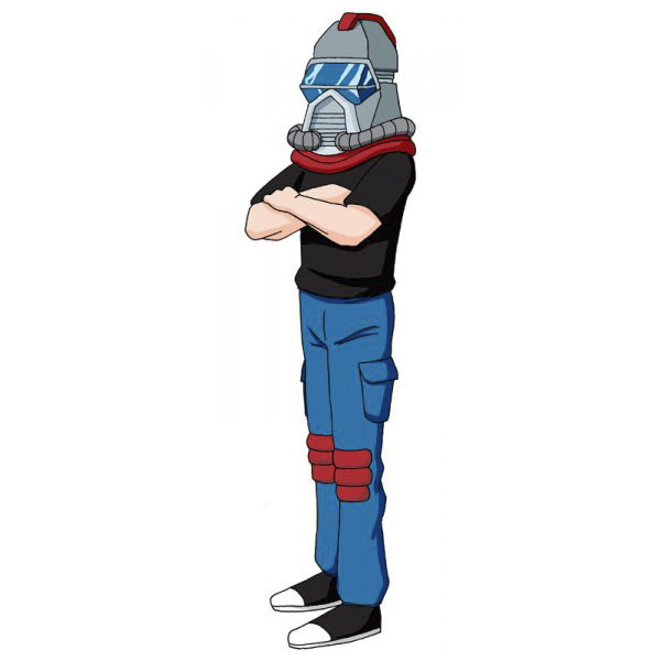 Cartoonist self-portrait in unique cartoon style: character in helmet, black shirt, and blue pants with arms crossed.