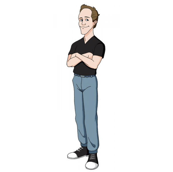 Cartoonist depicted in a unique cartoon style, arms crossed, wearing a black shirt and jeans.