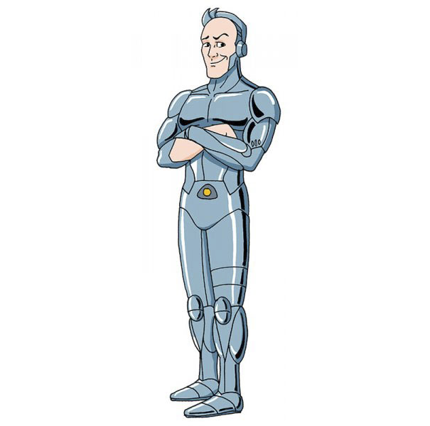 Cartoonist depicted in a futuristic robot style with metallic armor and crossed arms.