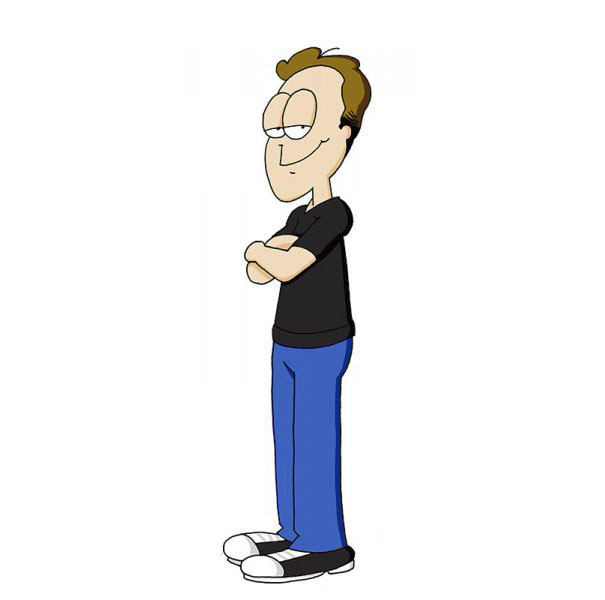 Cartoonist in his style, wearing a black shirt and blue pants, as part of drawing himself in 100 different cartoon styles.