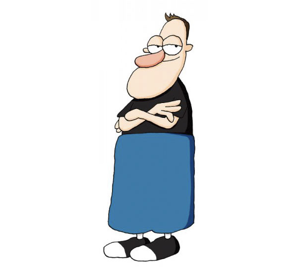 Cartoonist self-portrait in a unique, comical style, featuring exaggerated facial features and a blue skirt.