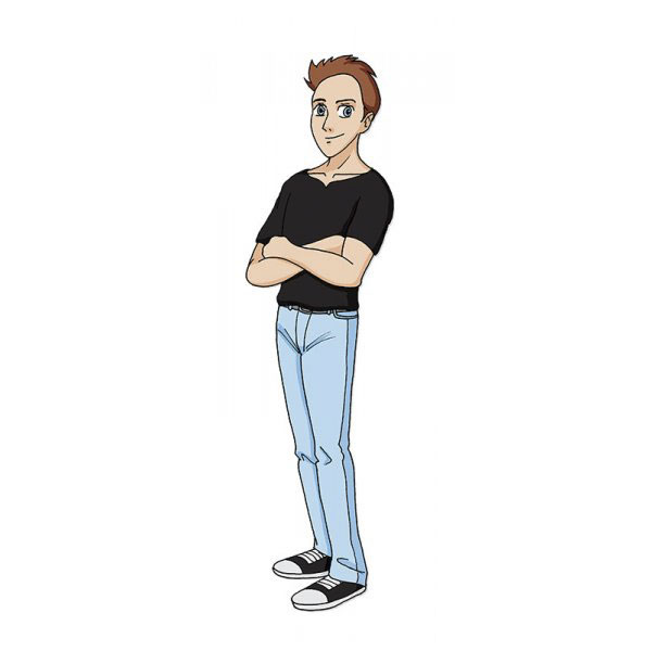 Cartoonist self-portrait in a distinct cartoon style, with crossed arms, black shirt, blue jeans, and sneakers.