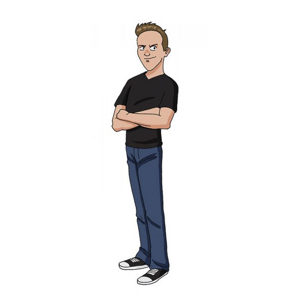 Cartoonist self-portrait in a unique cartoon style, wearing a black shirt and jeans.