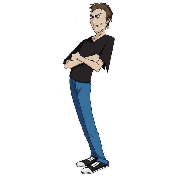 Cartoonist self-portrait in a unique cartoon style, wearing a black shirt and blue jeans, arms crossed confidently.
