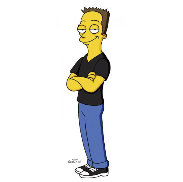 Cartoonist self-portrait in a yellow-skinned cartoon style, wearing a black shirt and blue pants.