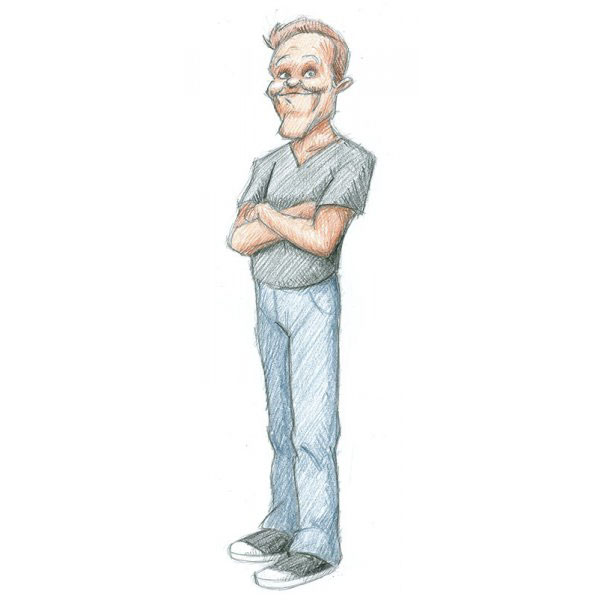 Cartoonist self-portrait in a unique sketch style with arms crossed, wearing a t-shirt and jeans.