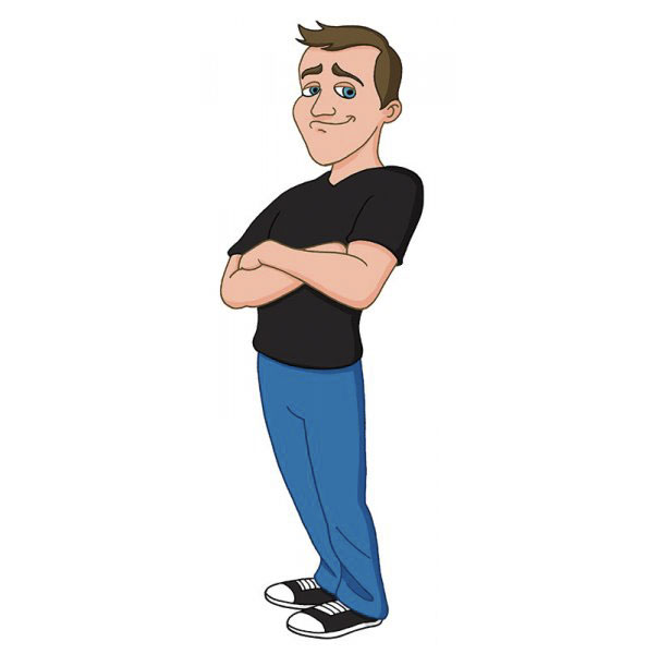 Cartoonist self-portrait in blue jeans and a black shirt, arms crossed, drawn in classic cartoon style.