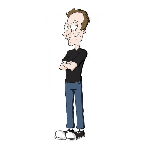 Cartoonist self-portrait in a unique cartoon style, featuring casual attire and exaggerated facial features.