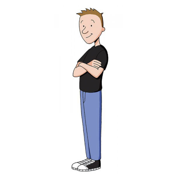 Cartoonist self-portrait in a unique cartoon style, featuring a man in a black shirt and blue pants with arms crossed.