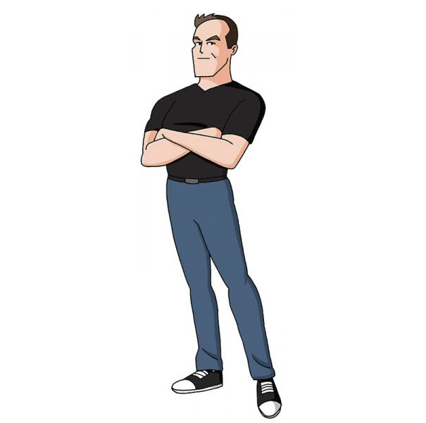 Cartoonist self-portrait in a unique cartoon style, with crossed arms, wearing a black shirt and blue pants.