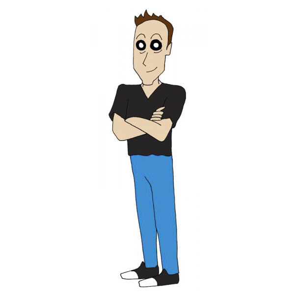 Cartoonist self-portrait in unique cartoon style, featuring a character with large eyes, crossed arms, and casual outfit.