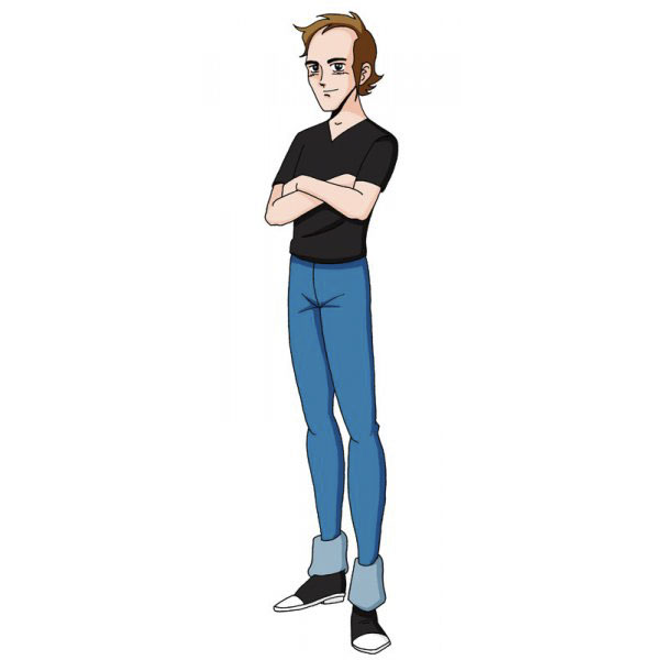 Cartoon style self-portrait: character with black shirt and blue jeans, arms crossed, showcasing diverse cartoon styles.