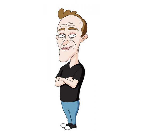 Cartoonist self-portrait in unique animated style, arms crossed, wearing black shirt and jeans.