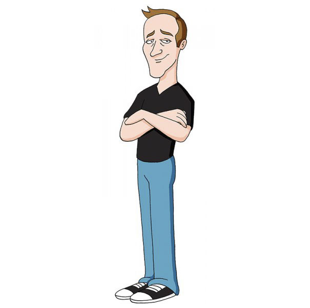 Cartoonist depicted in his unique style, wearing a black shirt and blue jeans, arms crossed with a confident expression.