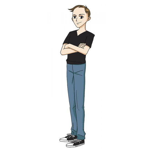 Cartoonist self-portrait in an anime style, wearing a black shirt and jeans, showcasing diverse cartoon techniques.