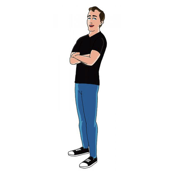 Cartoonist's self-portrait in a cartoon style, wearing jeans, black shirt, and sneakers, arms crossed.