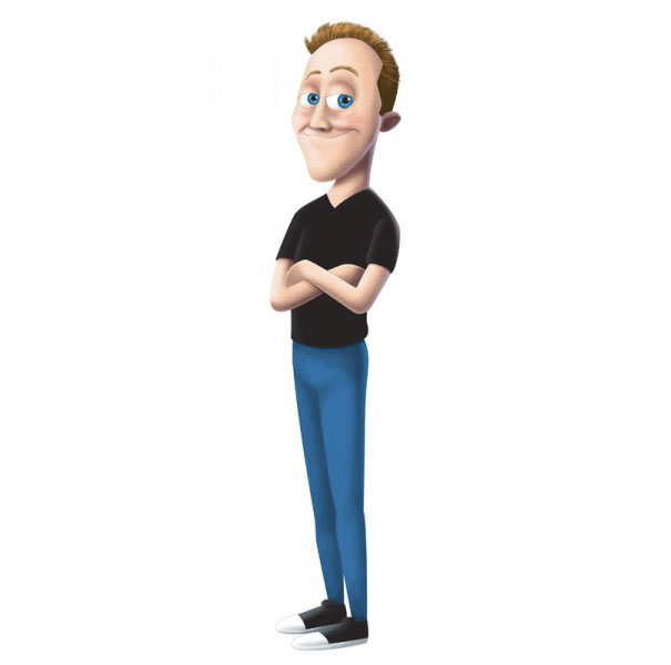 Cartoonist self-portrait in diverse cartoon style, featuring crossed arms and casual attire.