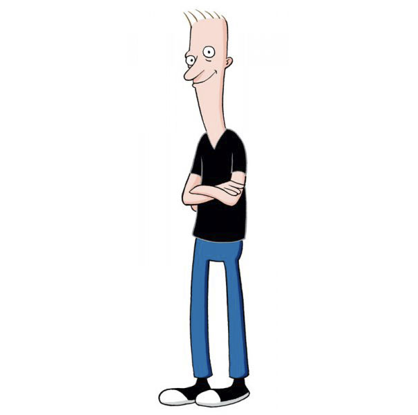 Cartoonist self-portrait in distinct cartoon style, with a tall, angular figure, wearing a black shirt and blue pants.