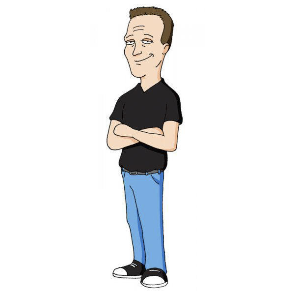 Cartoonist self-portrait in a unique style, wearing a black shirt and jeans, arms crossed confidently.