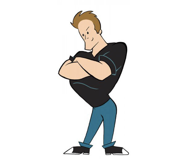 Cartoonist self-portrait in unique cartoon style, arms crossed, wearing a black shirt and jeans.