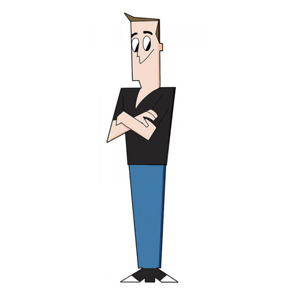 Cartoonist self-portrait in a unique cartoon style, with crossed arms, wearing a black shirt and blue pants.