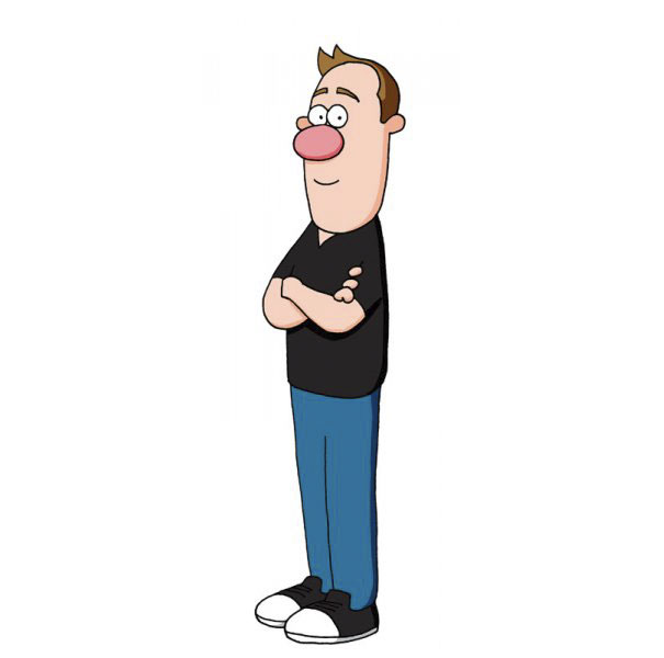 Cartoonist self-portrait in a unique cartoon style, arms crossed, wearing a black shirt and blue pants.