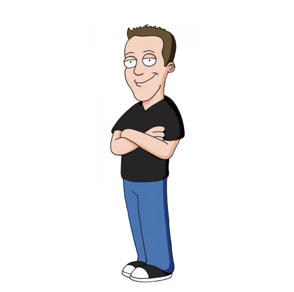 Cartoonist self-portrait in iconic animated style, arms crossed, wearing a black shirt and blue jeans.