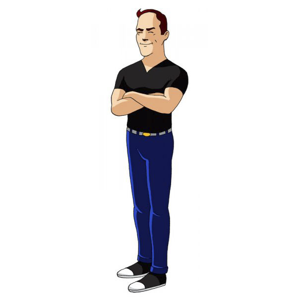 Cartoonist in a unique style, wearing a black shirt and blue jeans, arms crossed.