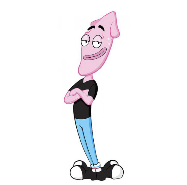 Cartoonist self-portrait in unique cartoon style, featuring pink, squid-like character with arms folded.