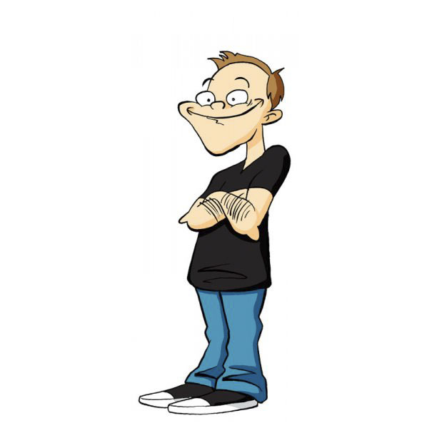 Cartoonist depicted in a unique style, wearing glasses, black shirt, and jeans, showcasing diverse artistic expression.