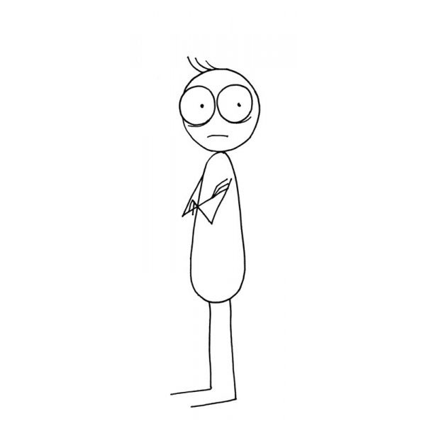 Cartoonist self-portrait in minimalistic cartoon style, thin figure with surprised expression.