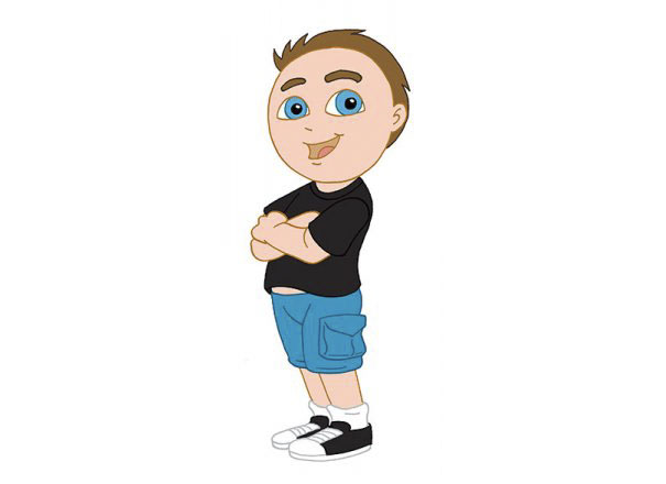 Cartoonist depicting himself in a cartoon style with blue eyes, black shirt, and blue shorts.