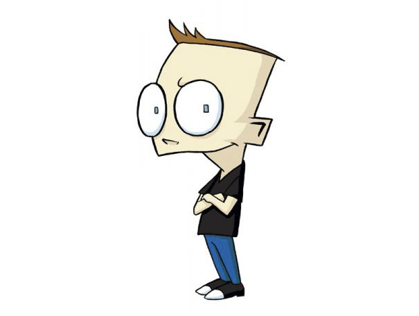 Cartoonist self-portrait in unique cartoon style, featuring big eyes and spiky hair, wearing a black shirt and blue jeans.
