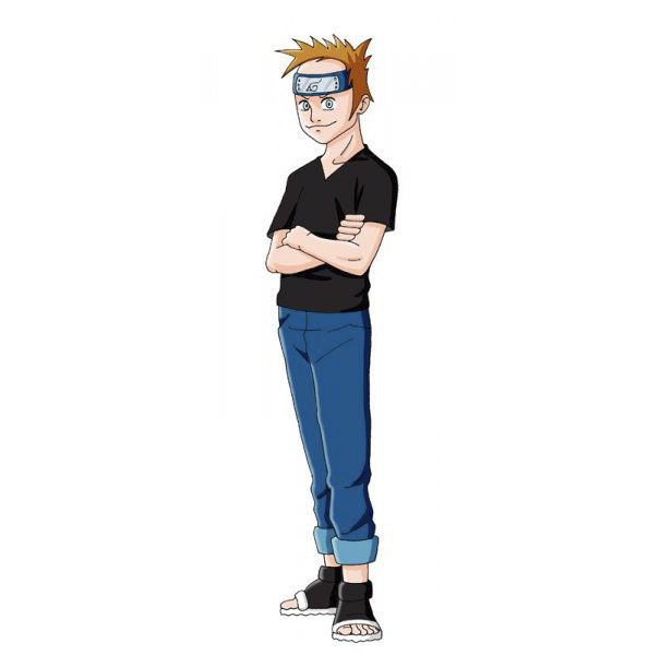 Cartoonist self-portrait in anime style, wearing a black shirt and headband, showcasing unique cartoon style adaptation.