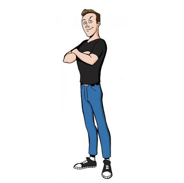 Cartoonist self-portrait style with folded arms, wearing a black shirt and blue jeans.