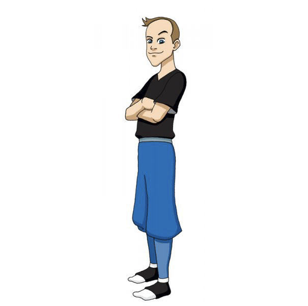 Cartoonist drawing of himself, arms crossed, in a unique cartoon style with a black shirt and blue pants.