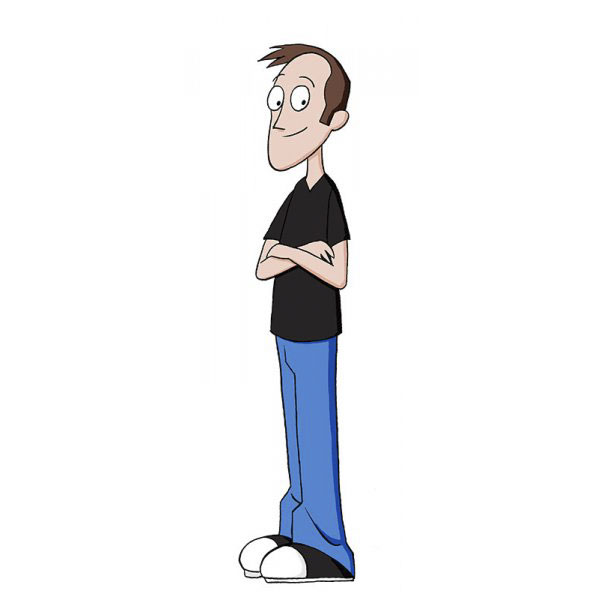 Cartoonist self-portrait in unique cartoon style, wearing a black shirt and blue pants.