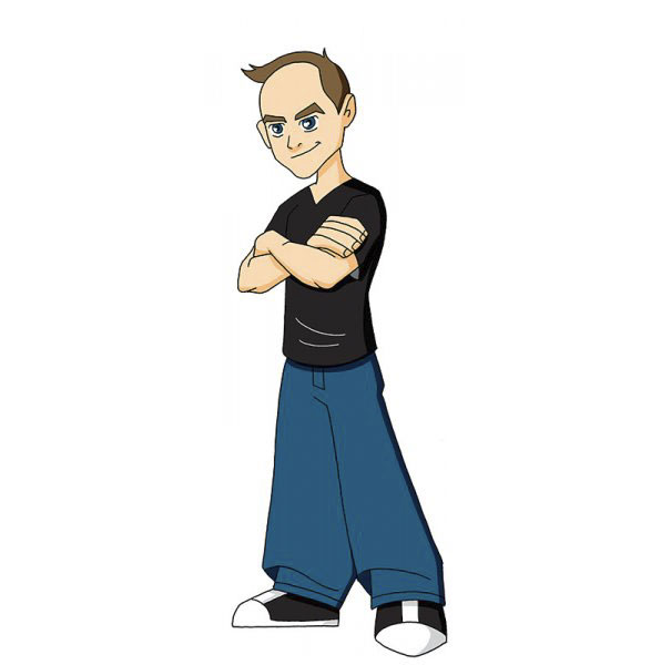Cartoonist self-portrait in varying cartoon styles, arms crossed, wearing blue jeans and a black t-shirt.