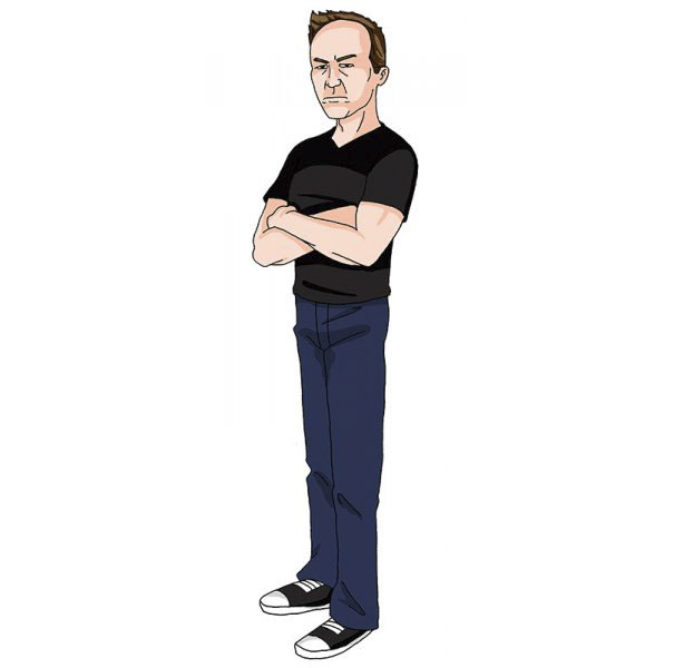 Cartoonist in black shirt and sneakers, drawn in unique cartoon style, arms crossed.